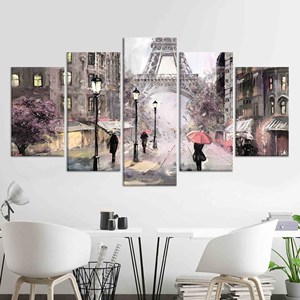 Toile imprimée : Peinture de la Tour Eiffel - Scène parigienne sous la pluie, LOT DE 5 TOILES ASSORTIES - Product Image 1