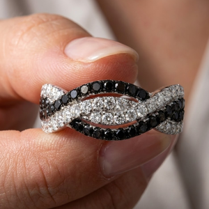 18K Solid White Gold Black and White Diamond Pavé Interwoven Multi-Band Crossover Ring with Premium Packaging for <b>Gift</b> - Product Image 2