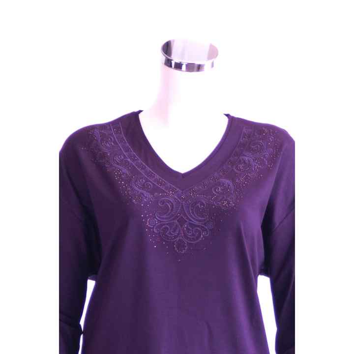 Women's Purple Mother Boutique Blouse Large Size Comfortable Cut Collar Necklace Embroidered Lycra Combed Cotton Fabric