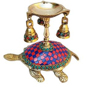 Brass Tortoise Diya with Hanging Bells and Multi <b>Colour</b> <b>Stones</b> Chips - Product Image 2
