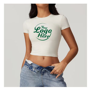 Camiseta corta de verano de manga corta recortada de alta calidad para mujer, elegante, Sexy, ajustada, plisada, estampado bonito, tela de nailon Spandex - Product Image 1