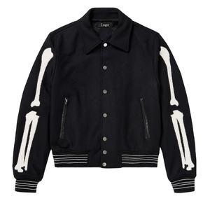 Men's Black Varsity <b>Jacket</b> With <b>White</b> Skeleton Print On Sleeves Turn-down Collar Button Closure Streetwear Autumn Wear - Product Image 1