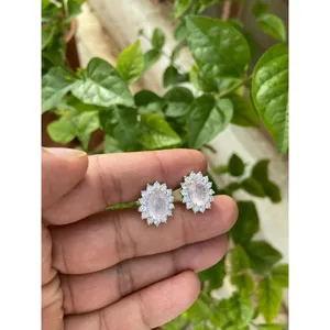 925 Silver Rose Quartz <b>Stud</b> <b>Earrings</b> with Gold Plating Cute Flower Shape for Wedding Engagement or Anniversary - Product Image 4