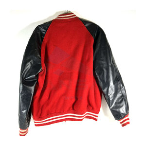 <b>Red</b> <b>and</b> <b>Black</b> Baseball <b>Varsity</b> <b>Jacket</b> with Adjustable Drawstrings Roomy Hand Warming Side Pockets Cotton Polyester Blend Fabric - Product Image 4