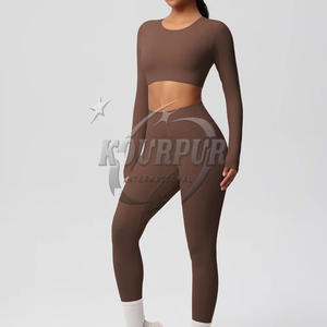 Ensemble de yoga 2 pièces de qualité supérieure pour femmes Vêtements de sport sans couture de couleur naturelle Vêtements de sport de fitness grande taille - Product Image 1