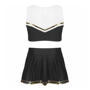 Women 2 Piece Sporty <b>Set</b> Sleeveless V Neck Top With Pleated Skirt Color Blocked Black White Gold Trim Spring Summer - Product Image 3