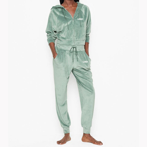 Survêtement en velours de couleur personnalisée pour femmes ensemble deux pièces avec sweats à capuche à fermeture éclair et pantalons survêtements en velours respirant pour l'hiver - Product Image 1