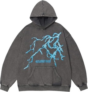 Sweat-shirt unisexe en coton denim surdimensionné, streetwear pour homme, imprimé éclair, style hip-hop, à capuche, automne, plusieurs options de personnalisation - Product Image 1