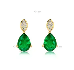 Natural Emerald And Diamonds 14k Solid Yellow Gold Pear Cut Gemstone Dangle Tear Drop Earrings Stone Size