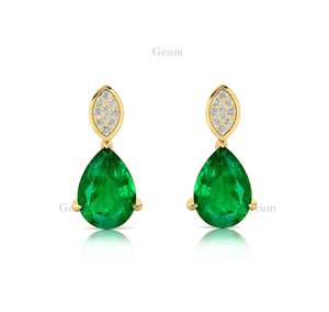 Lab Grown Esmeralda y diamantes 14K 18K Oro amarillo sólido Corte de pera Piedra preciosa Cuelga en forma de lágrima Pendientes colgantes OEM ODM - Product Image 1