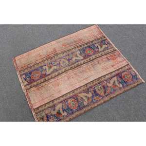 Turkish Rug 2.9x3.4 ft Vintage Patchwork <b>Red</b> Blue <b>Wool</b> Rug with Latex Backing - Product Image 1