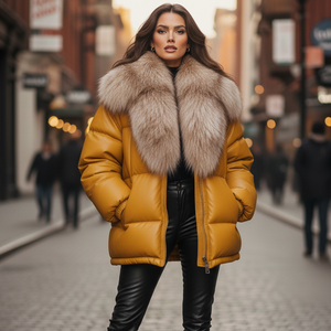 Chaqueta de Cuero Acolchada con Cremallera y Estampado a Cuadros Amarillos para Mujer, con Cuello de Piel de Zorro, Cortavientos, Estilo Urbano para Invierno - Product Image 1