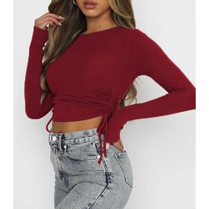 Round Neck Long Sleeve Short Crop T-<b>Shirt</b> Street Trend top casual pullover Sweatshirts Sets Custom Women Crop Top Knitted - Product Image 5
