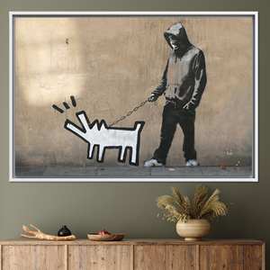 Printed <b>Canvas</b> Artwork: Banksy Barking Dog Graffiti Design,WHITE <b>FRAMED</b> <b>CANVAS</b> - Product Image 1