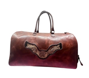 Leather Travel Carryall Duffel Hand Carved Artwork Panel Cabin <b>Bag</b> <b>Large</b> Storage Overnight Trip Utility Holdall - Product Image 3