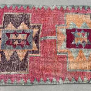 3x11.4 ft Herki Turkish Vintage <b>Wool</b> Rug <b>Red</b> Gray Patchwork Floral Design Eco-Friendly Latex Backing - Product Image 3