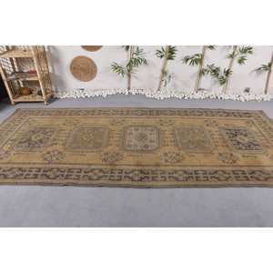 Tapis turc vintage 4.4x10,5 pieds, tapis en laine patchwork jaune et bleu avec support en latex pour décorations de salon pour adolescents - Product Image 3