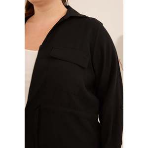 Chaqueta Tejida Negra para Mujer, Talla Grande, Marca RMG, con Lazos Lisos Teñidos, Mangas Plisadas, Cinturón, Antiarrugas, Transpirable, Mezcla de Modal y Poliéster - Product Image 2