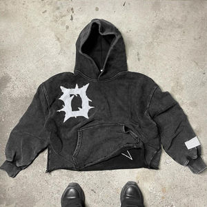 Sweat à capuche unisexe noir OEM Streetwear 500 g/m² en molleton bouclette, patchwork, coupe ample, effet vintage délavé, surdimensionné, brodé - Product Image 6