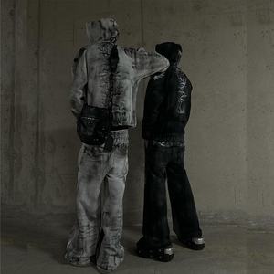 Custom Streetwear Heavy 500g Sudadera con capucha Pantalones de chándal Chándal Estampado gráfico Vintage Sweat suit Dirty Wash Oversized Jogger Sets Hombres - Product Image 3