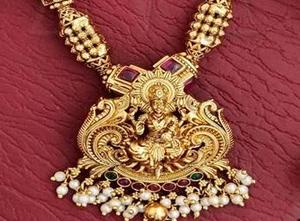 High <b>Gold</b> Temple <b>Jewellery</b> Necklace <b>Set</b> with Lakshmi Pendant & Jhumka Earrings Traditional South Indian Bridal <b>Jewellery</b> - Product Image 2