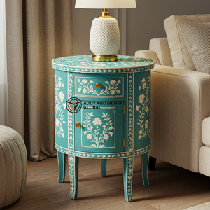 Mesita de Noche Redonda Azul de Lujo Ecológica con Incrustaciones de Hueso y Diseño Floral, Tres Cajones para Decoración de Dormitorio Moderno, Exportación - Product Image 1