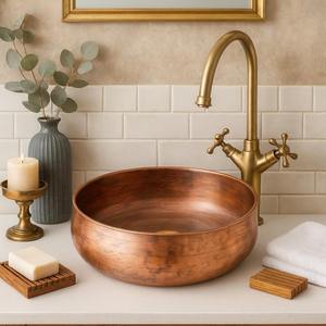 Luxury Modern Single <b>Bowl</b> Copper <b>Bathroom</b> <b>Sink</b> Antique Finish Handmade One Hole Home Hotels Office - Product Image 2