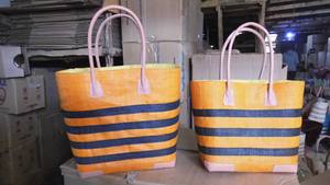 Madagascar Colored Leather Handles Drawstring Closure Striped Sisal <b>Raffia</b> Tote Handbag with Pompoms and Pocket Large Size - Product Image 3
