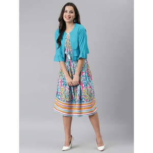 Turquoise Blue Tropical Printed Smocked Fit Flare <b>Dress</b> With Shrug - Product Image 1