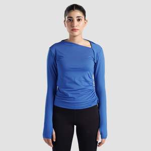 Sleek Imperial Blue Ruche <b>Top</b> Fashionable Breathable Yoga <b>Top</b> with Seamless Design Front Logo Solid Style - Product Image 1