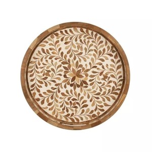 ถาดไม้ MDF อินเดียและงานฝีมือฝังลายไม้คุณภาพสูง ถาดเสิร์ฟทรงกลมทำมือ ของใช้ในบ้าน ร้านค้าในดูไบและซาอุดีอาระเบีย - Product Image 2