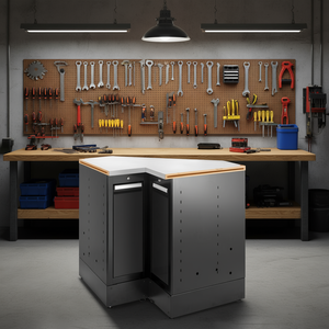 Armoire d'angle en acier inoxydable noir Facom avec plan de travail et armoires à outils - Product Image 3