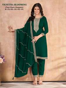 Vêtements ethniques à la demande Blooming Vichitra Silk avec broderie Work Straight Cut Salwar Kameez Suit du fournisseur indien - Product Image 5