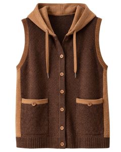 Manufacturer Brown <b>Hooded</b> Knitted Sweater Vest Wool Acrylic Sleeveless Button Front Winter <b>Cardigan</b> With Pockets OEM ODM - Product Image 1