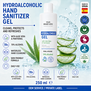 Gel Desinfectante de Manos Hidroalcohólico con Aloe Vera de Marca Privada 250ml OEM |   Gel Desinfectante Instantáneo Sin Enjuague |   España UE - Product Image 1