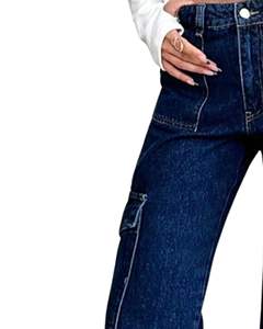 Pantalones Vaqueros Cargo de Pierna Recta Azul Oscuro para Mujer, Pantalones de Mezclilla de Cintura Alta con Bolsillos Utilitarios, Ropa Casual de Calle, Suministro del Fabricante, OEM - Product Image 4