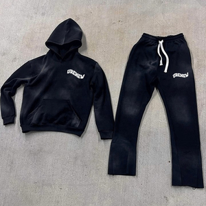Sweats à capuche zippés antibactériens en coton épais et imprimé à l'acide pour hommes survêtements complets évasés appliqués brodés Patch d'hiver - Product Image 3