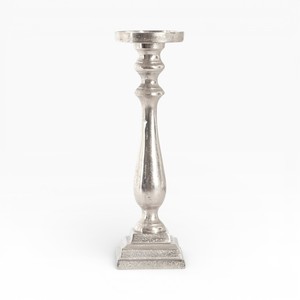 Antique Silver Tall Metal <b>Candle</b> Holder With Classic Turned Design And <b>Square</b> Base For Elegant Home Decor - Product Image 1