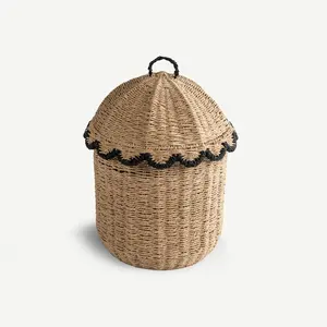 Panier à linge en corde de papier écologique, grand panier de rangement en osier, panier de rangement en herbe de mer avec couvercle festonné pour les chambres d'enfants, salle de jeux pour enfants - Product Image 2