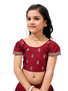 Conjunto de Lehenga Choli Tradicional Bordado con Flores de Shoryam Fashion para Niñas, Color Granate, Mangas Abullonadas, Largo hasta el Suelo, para Fiestas - Product Image 5