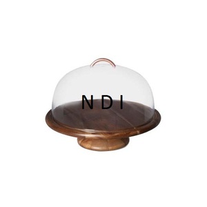 Support à gâteau rond décoratif de style unique en bois et verre, finition noyer, avec dôme en verre, pour usage hôtelier - Product Image 1
