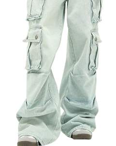 Jeans cargo à jambes larges bleu clair pour femmes, pantalon en denim taille haute avec poches à rabat boutonnées, vêtements de rue décontractés, fournisseur OEM - Product Image 5