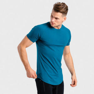 mens teal blue <b>plain</b> solid athletic fit muscle curved hem short sleeve <b>tshirt</b> crewneck gym workout tee top - Product Image 1