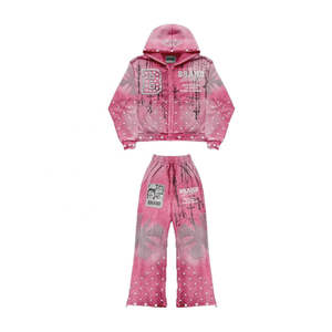 Ensemble deux pièces vintage pour homme, personnalisé, hiver, entièrement orné de strass, 100% coton, imprimé à l'écran, sweat-shirt à capuche, pantalon de jogging, lavage à l'acide, évasé - Product Image 1