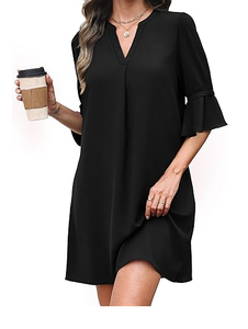 Robes chics pour femmes, noires, col en V, manches courtes, longueur genou, coupe décontractée, ourlet en A, robe simple décontractée pour tous les jours - Product Image 3