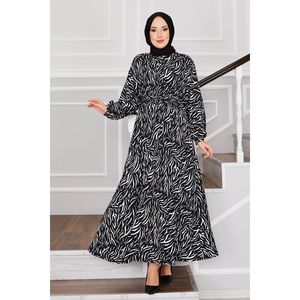 Robe modeste noire à motif de verre cassé en crêpe avec ceinture Hijab - Product Image 1