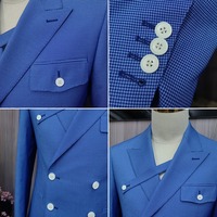Jas Pria Biru Royal Double Breasted Peak Lapel Enam Kancing Houndstooth Chest Tab Slim Fit untuk Bisnis dan Pernikahan Custom