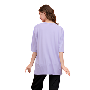 Camiseta de cuello redondo de gran tamaño para mujer, ecológica, Salma, básica, informal, ligera, de punto, de nailon, Spandex, con abertura de impresión Digital - Product Image 4