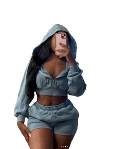 Ropa de verano para mujer, chaquetas recortadas, pantalones cortos para mujer, conjunto de pantalones cortos de algodón lavado con ácido, logotipo personalizado, ropa femenina - Product Image 2