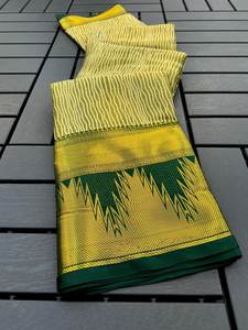 Robe traditionnelle indienne contemporaine non cousue en soie Tussar au design lourd élégant, belle tenue de soirée douce tissée - Product Image 3